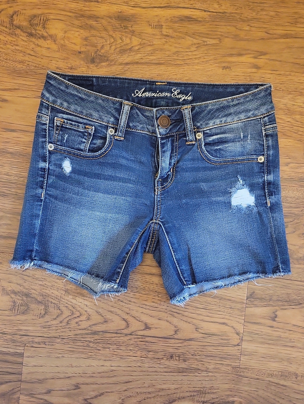 American Eagle Outfitters Women's Distressed Dark Blue Denim Shorts